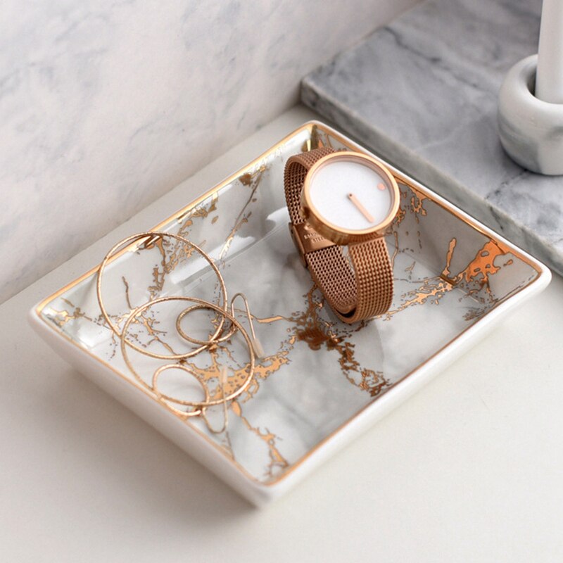 Nordisk guld marmoreret keramik service dessert bøf salat snack kagebakke tebakke smykker opbevaringsbakke