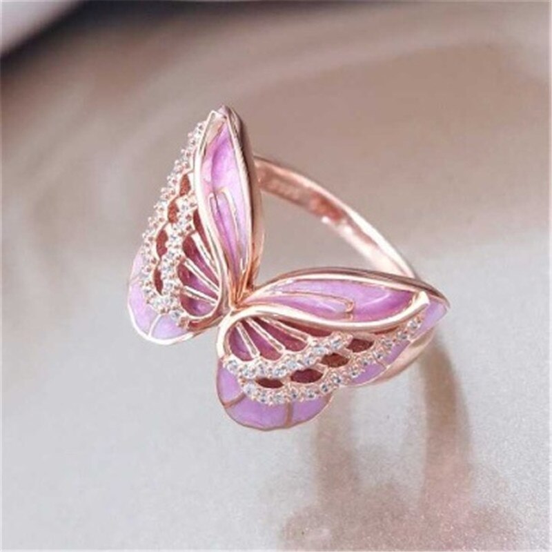 romantische Rosa Schmetterling Ringe Für Frauen Jahrgang Süße Ring Damen Engagement Ring Weibliche Mädchen Schmuck Goldene Ringe: 11