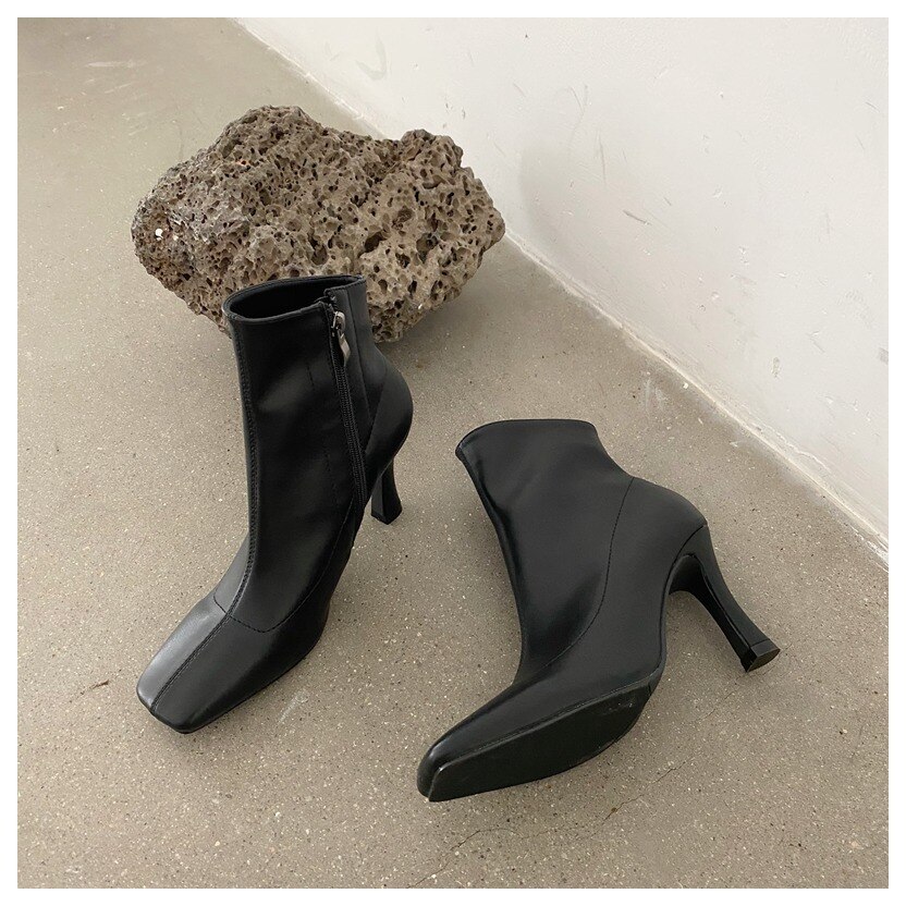 Ankelstøvler til kvinder firkantede sko vinter korte støvler lynlås tynde hæle behagelige dame støvler zapatillas mujer: Sort / 8.5