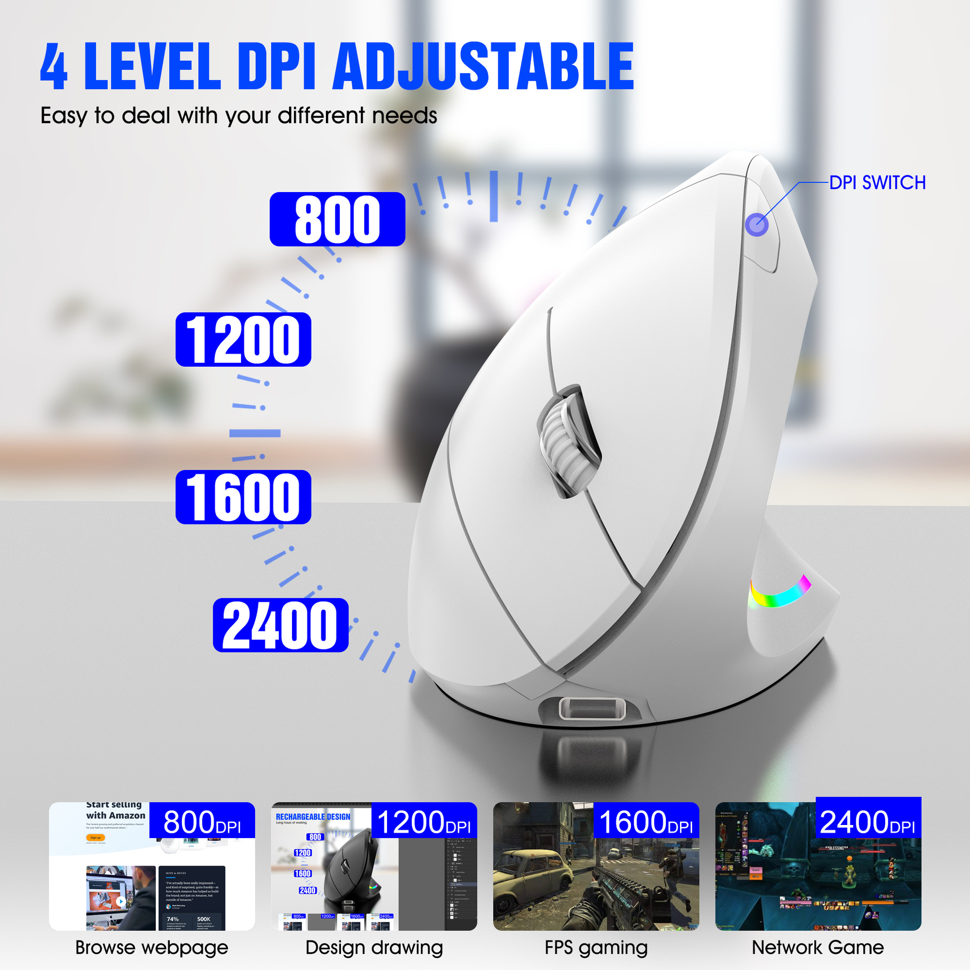 Wireless Vertical Mouse Bluetooth 2.4G Dual Mode 6 Keys Ergonomic 2400 DPI RGB Backlight Type C Muted Click Gaming H1