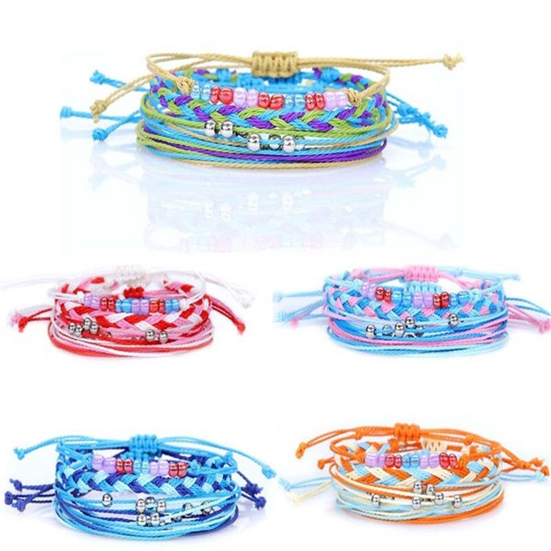 4 pièces/ensemble Boho perles colorées à la main multi-couche cire ligne Bracelet femmes plage surf été vêtements bijoux accessoires