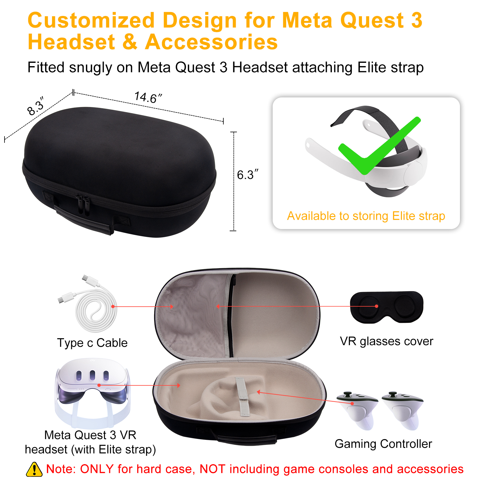 Estuche de almacenamiento duro EVA, caja de transporte de viaje para Meta Quest 3 Elite Strap VR, bolsas con cremallera para gafas, accesorios para Meta Quest 3 VR