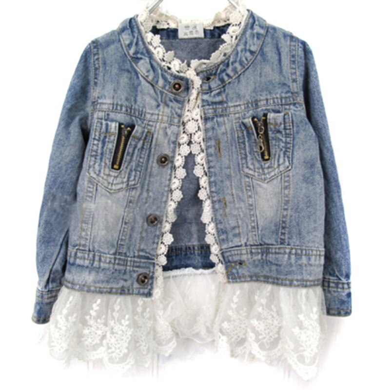 Kids Kant Denim Jas Lente Lace Cowboy Jacket Denim Top Button Jean Jas Lange Mouw Pak Suits Kinderkleding: 6T