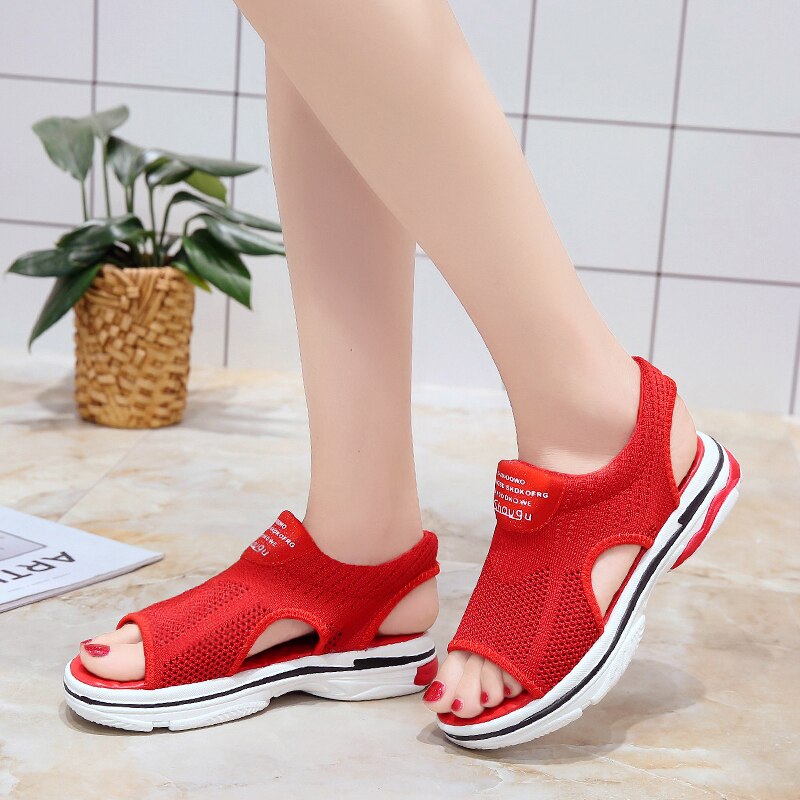Sandales de sport pour femmes 35 à 40, nouvelles chaussures d&#39;été tissées en maille décontractées pour femmes, sandales plates creuses pour étudiantes à fond souple