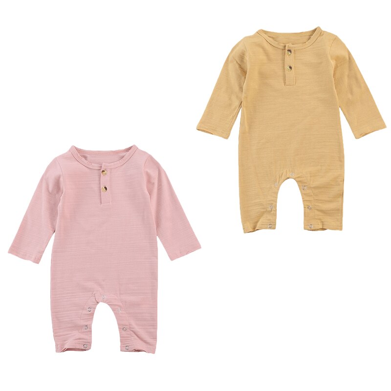 Wallarenear 0-18M Pasgeboren Baby Meisjes Jongens Romper Outfits Ronde Hals Katoen Lange Mouw Knoppen Effen Kleur Jumpsuits 2 Stijlen