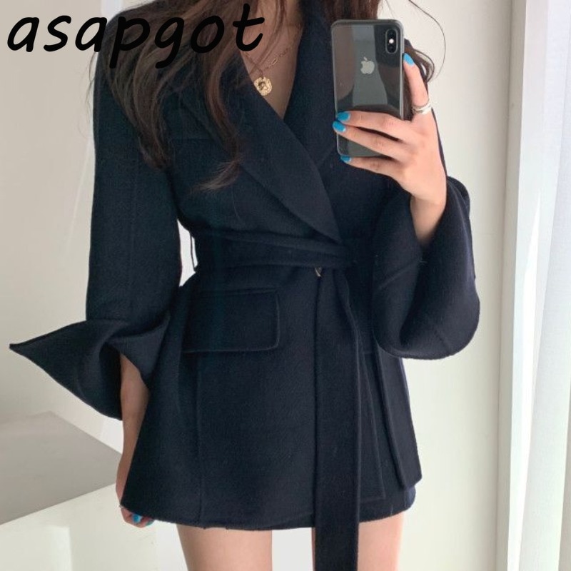 Abrigo con cinturón de invierno para mujer, Chaquetas de manga larga de solapa gruesa informal, holgada, de lana, Estilo Vintage,