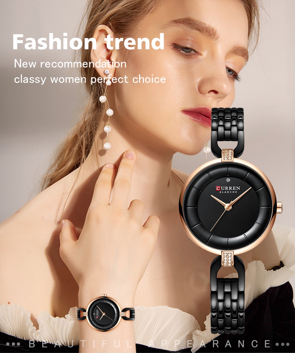 Curren zwarte dameshorloge met armband, luxe quartz analoog roestvrij staal, waterdichte dameshorloges