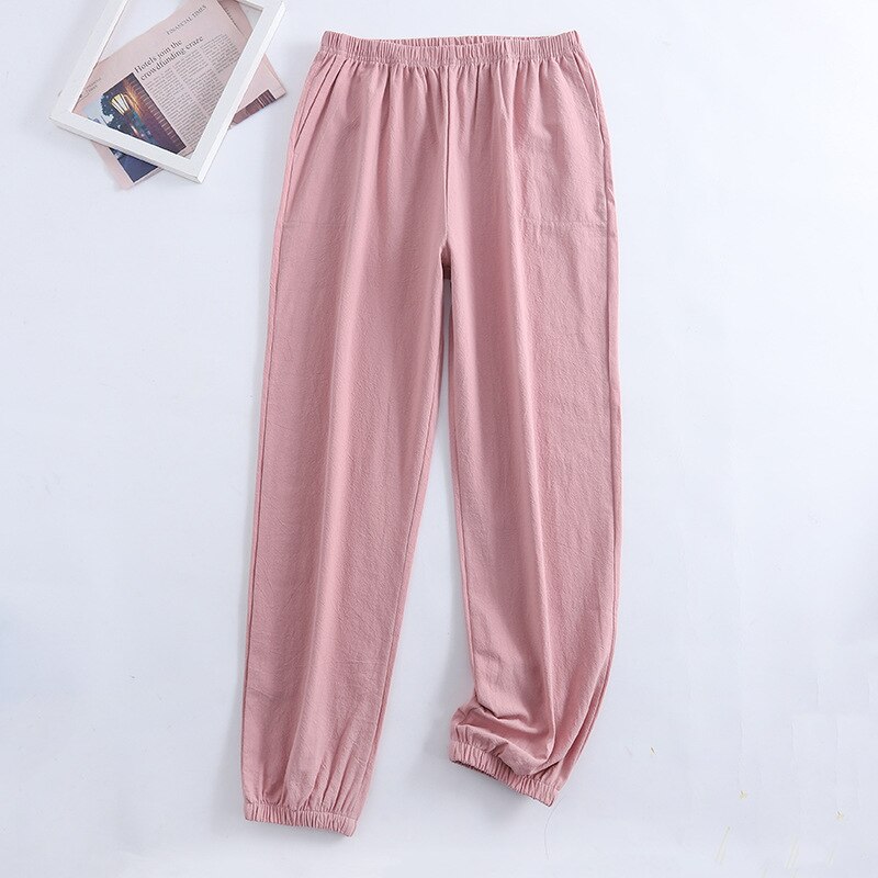 Pantalones de pijama para mujer, ropa de dormir de algodón y lino, Leggings de Color sólido, para el hogar, novedad de verano: Rosa / L