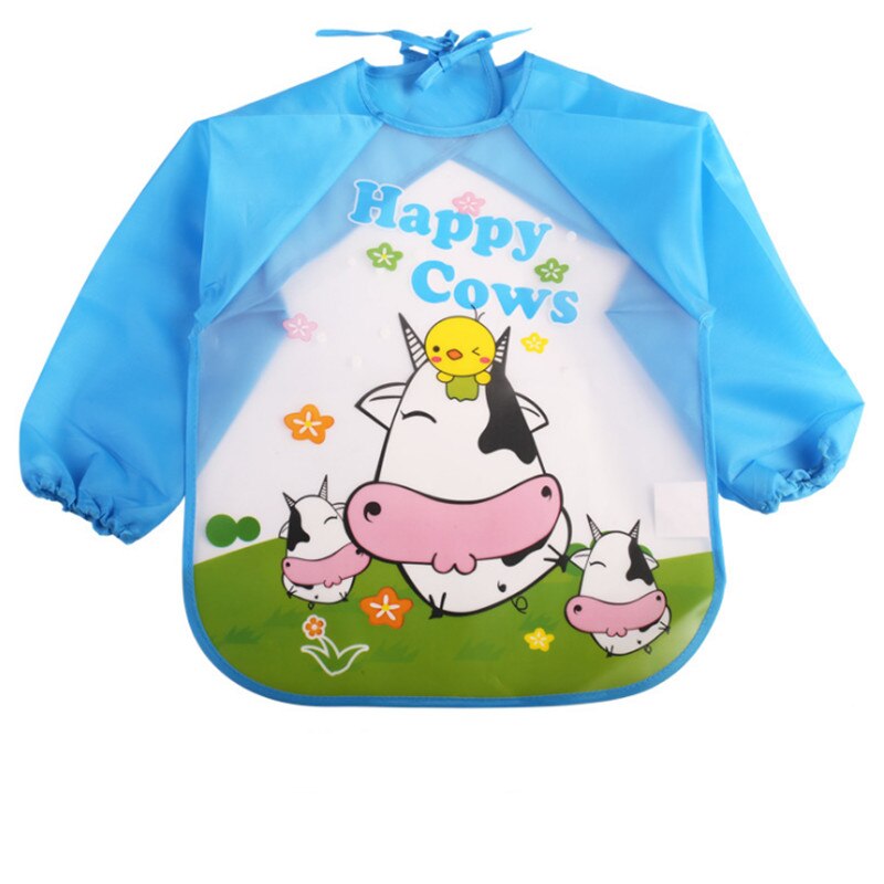Cartoon Kinderen Slabbers Spuugdoekjes Lange Mouw Art Schort Dier Kiel Todders Waterdichte Burp Kleding Zachte Voeden Eet Slabbetjes: blue cow