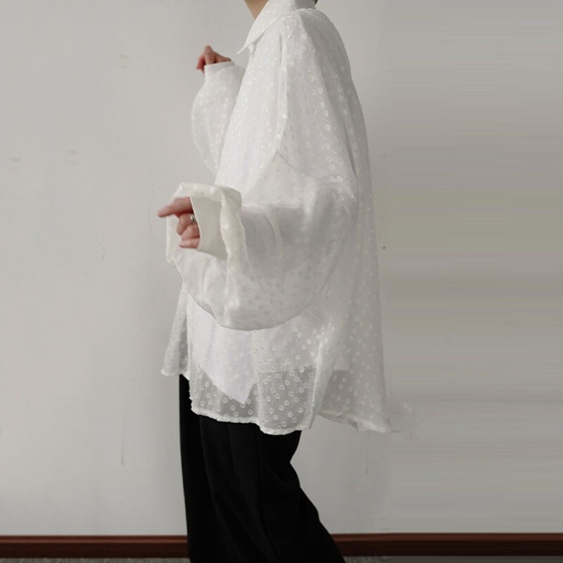 Xitao stippen dunne blouse dames wit zwart enkele borst lange mouw herfst los shirt dzl 1506