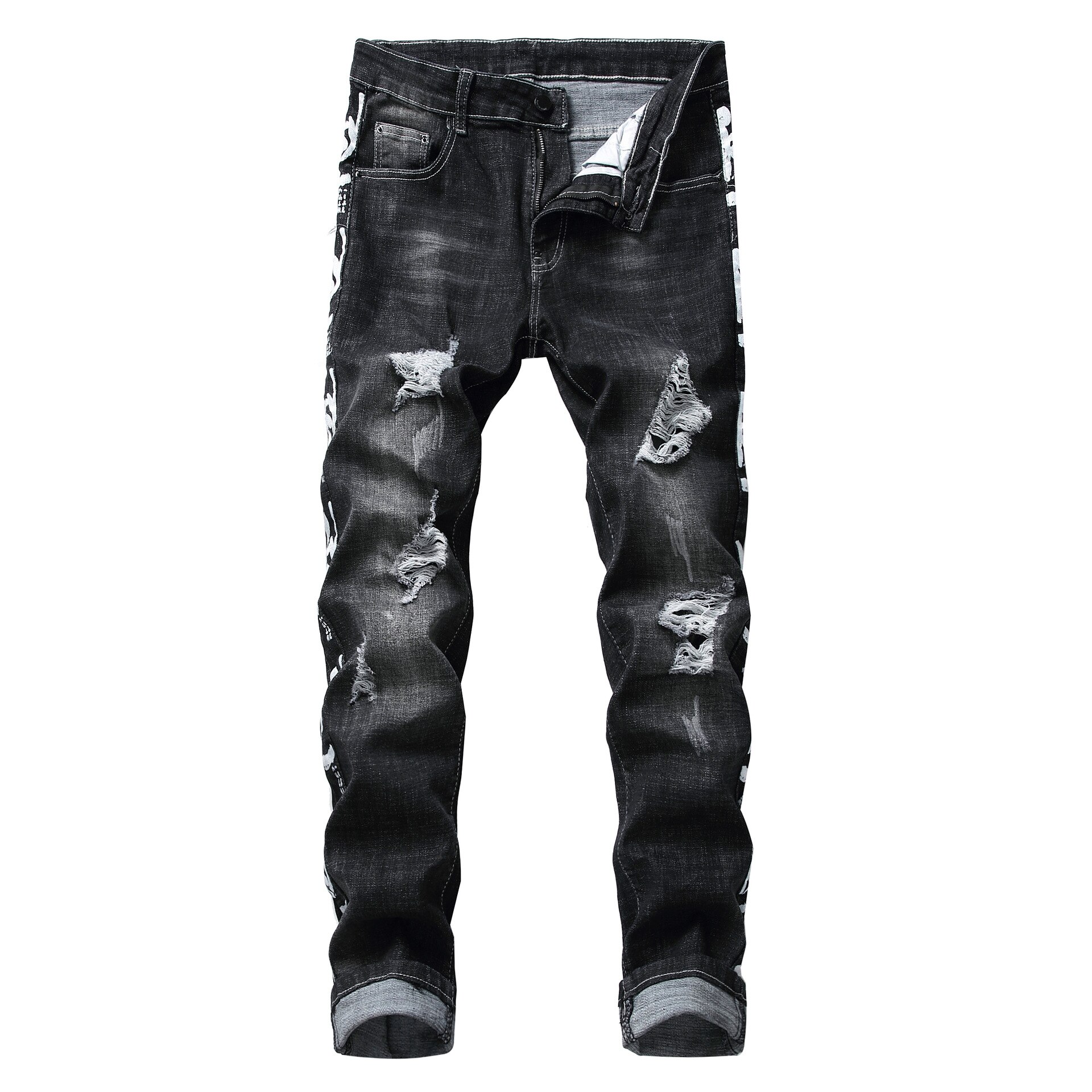 Herr streetwear slitna jeans hål stretchtryckta jeansbyxor för män långa klassiska slim fit byxor för herrkläder: 333 svarta / 38
