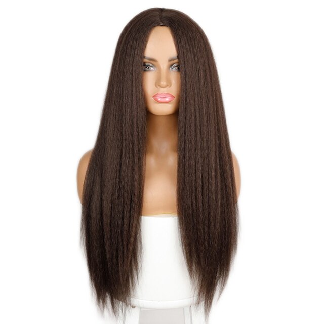 LINGHANG-peluca recta Yaki sintética para mujer afroamericana, pelo largo de 30 pulgadas, parte lateral, sin flequillo: 4