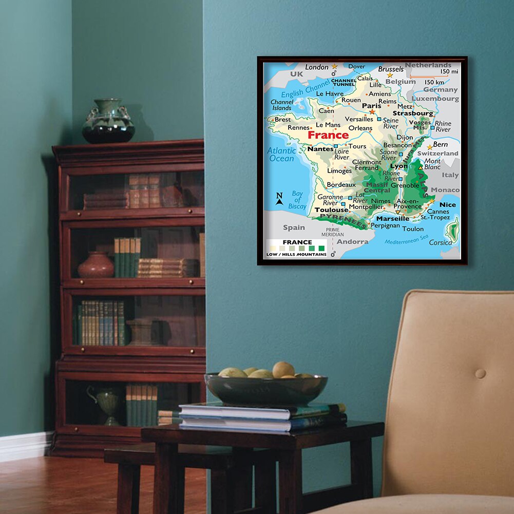 60*60cm Terrain Map of The France Wall Art Poster Canvas Print Painting Living Room Home Decoration Children School Supplies
