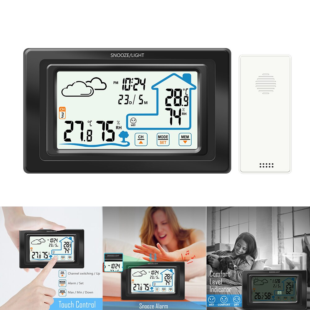Digital Wireless Hygrometer Touch Screen Weather Station Temperature Humidity Meter Hygrometer Table Decorative Touch Clock