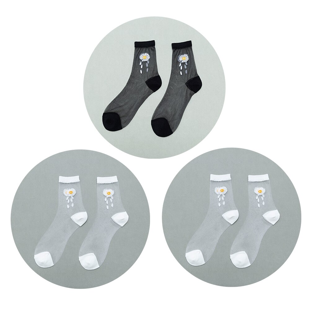 3 paia di calze floreali da donna calze estive in cristallo di cristallo calze elastiche Jacquard trasparenti sottili a tubo corto medio: MULTI