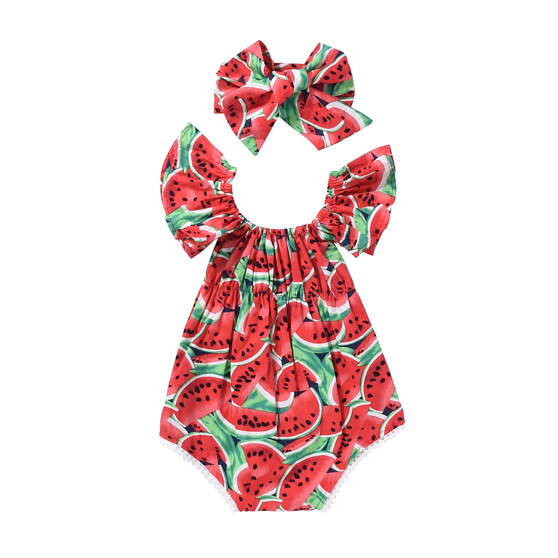 Atacado macacão estampado melancia para bebês, meninos, meninas, conjunto de roupas de verão, macacão + tiara