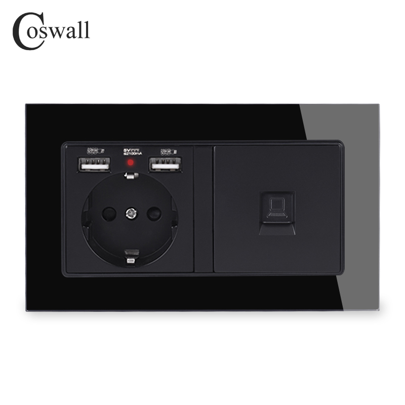 COSWALL Rusia España UE enchufe de pared estándar 2 puerto de carga USB con LED suave oculto + conector de Internet CAT5E RJ45 marco de vidrio