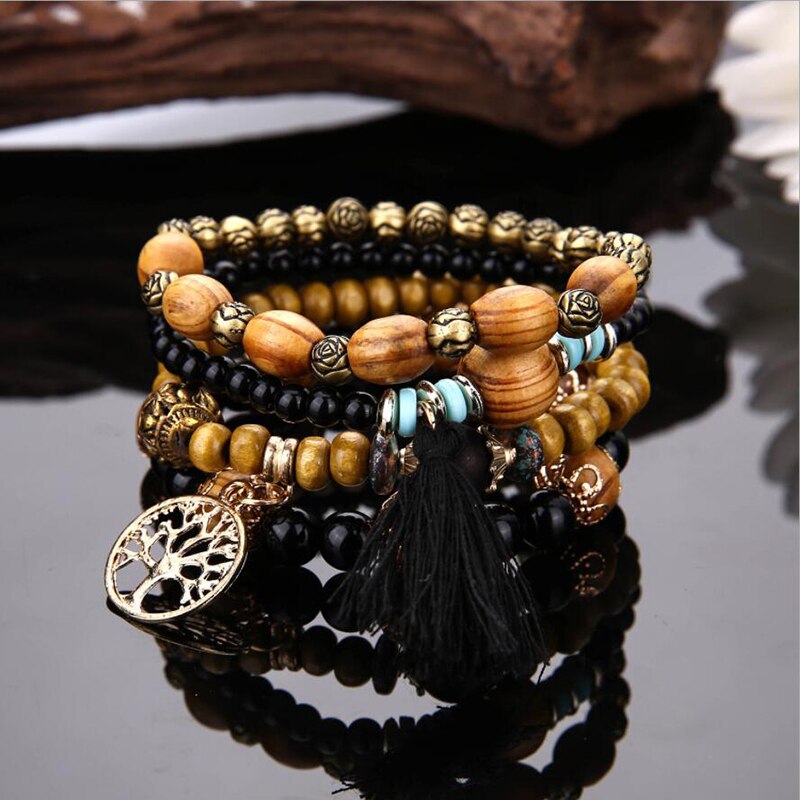 Charm Bracelets for Women Men Multilayer Wooden Beads Wristband Bracelets & Bangles Pulseira Boho Jewelry