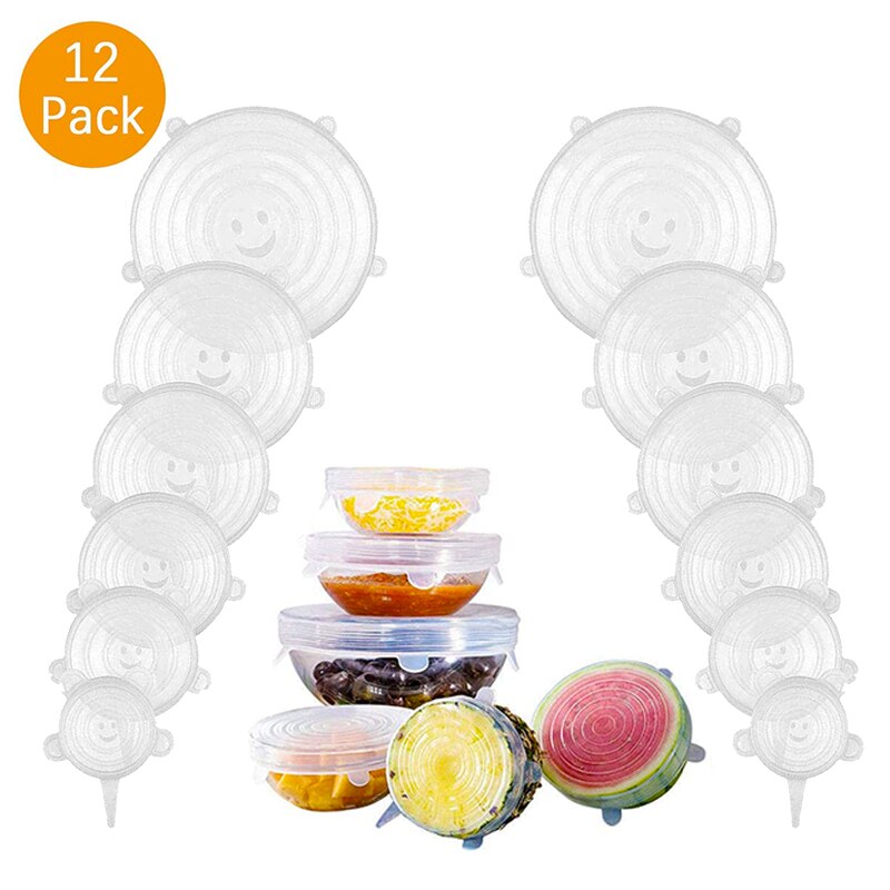 Juego de tapas de 6 piezas hechas en silicona tapas reutilizables cubiertas herméticas para almacenar comida tapas selladoras de recipientes de varios tamaños cubiertas elásticas para envoltura utensilios de cocina: 12PACL WHITE