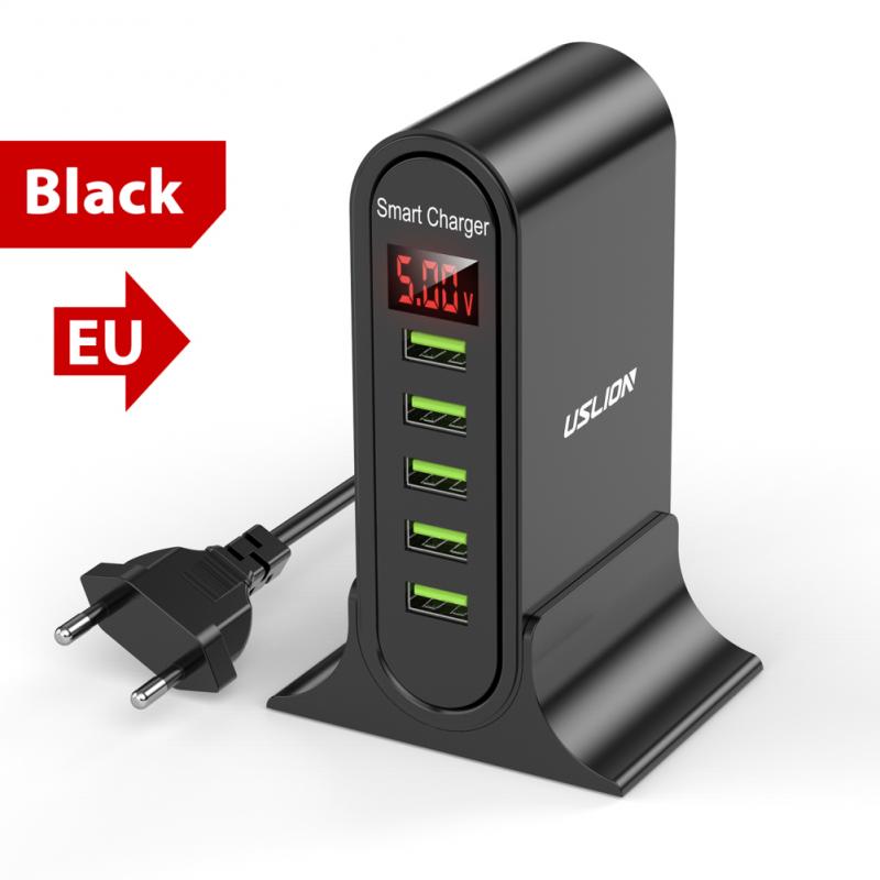 5 Port USB Charger HUB Multi USB Charging Station Dock Desktop Wall Home LED Display Universal Chargers EU US UK Plug: 01 EU BLACK