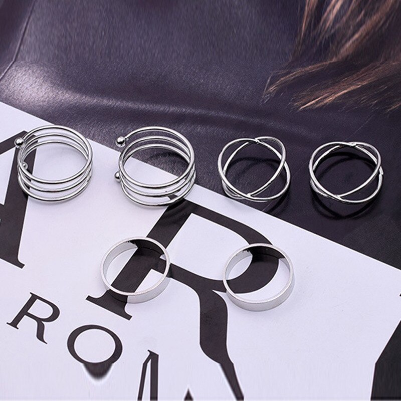 6 Teile/satz Böhmischen Jahrgang Runde Hohl Geometrische Ringe für Frauen Kreuz Twist Öffnen Ring Knöchel Finger Ringe Schmuck