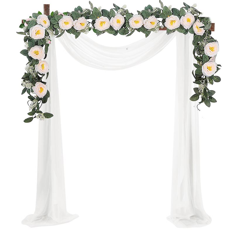 Artificial Wedding Arch Flowers Garland With 18Ft Semi-Sheer Draping Curtain For Ceremony And Reception Backdrop Decoration