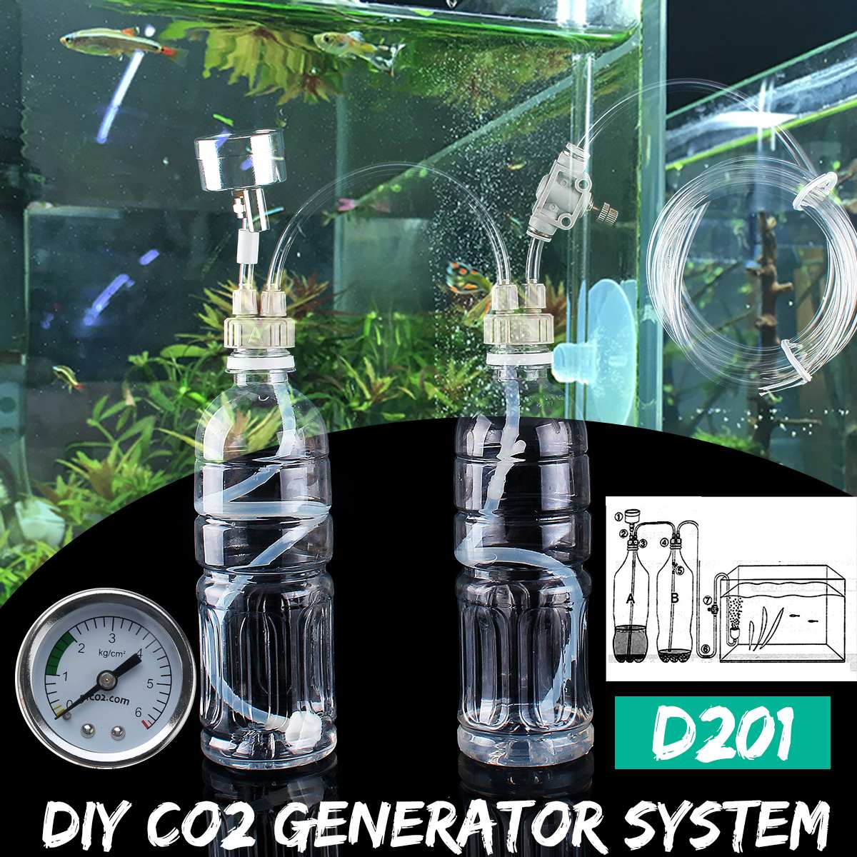 Aquarium DIY CO2 Generator System Kit With Pressure Air Adjustment Water Plant Fish Aquarium Co2 Valve Diffuser