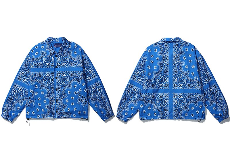 LENSTID Mens Wear Hip Hop Bandana Paisley Pattern Bomber Jackets Windbreaker Harajuku Streetwear Autumn Casual Coats Tops: Blue / XL