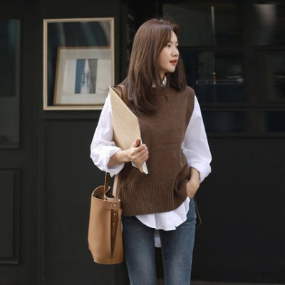 Mozuleva kvinder sweater vest o-hals ærmer pullover strikket vest kontor dame temperament afslappet chic vest coatwinter: Brun