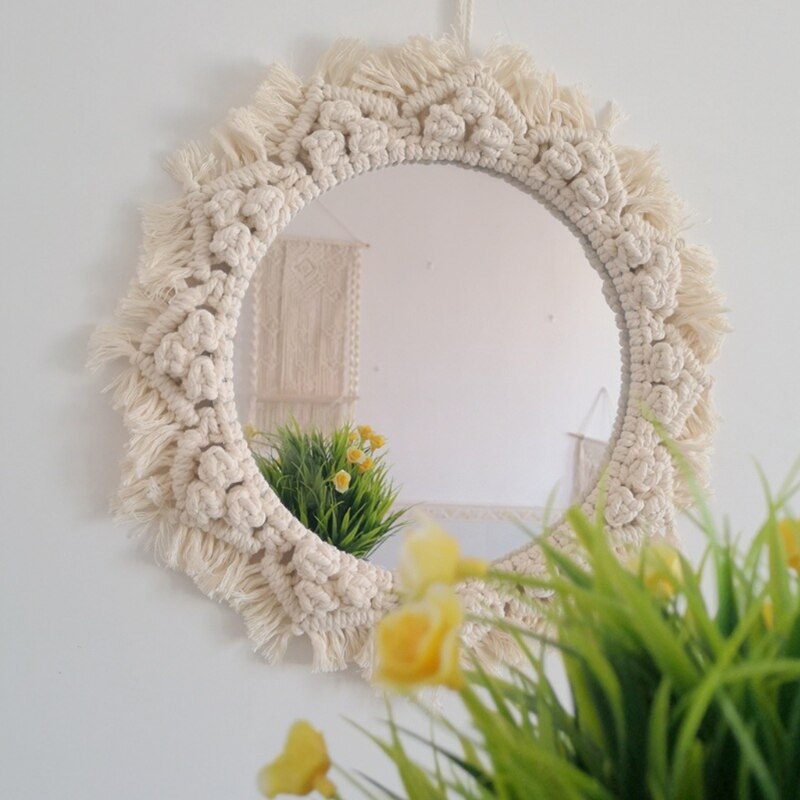 Round Cotton Rope Braided Tassel Mirror Wall Frame Decorative Hanging Makeup Mirror Ideal for Home Hanging Decoration Woven Make: E