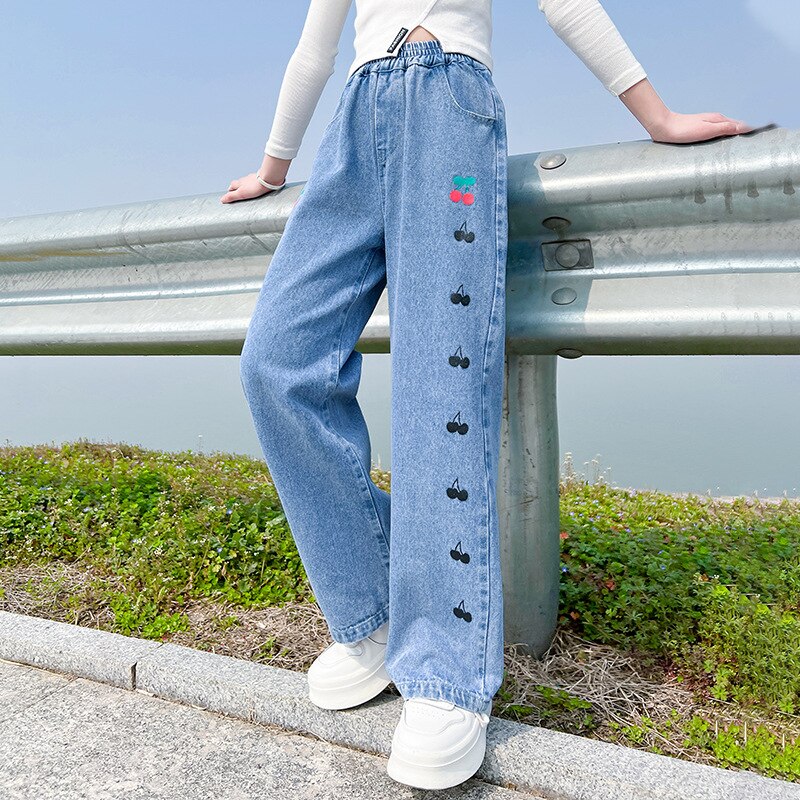 Meisjes Lente Jeans Met Cherry Patroon Kids Wijde Pijpen Broek Voor Kinderen Casual Kleding Broek 5 6 8 10 12 14 Jaar Oud