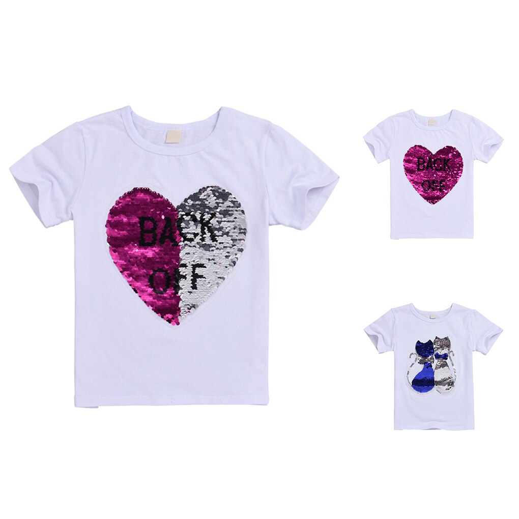 Flickor paljetter t-shirt baby härliga tjejer tecknad topp kort barn kortärmad scoop neck sommar topp som andas