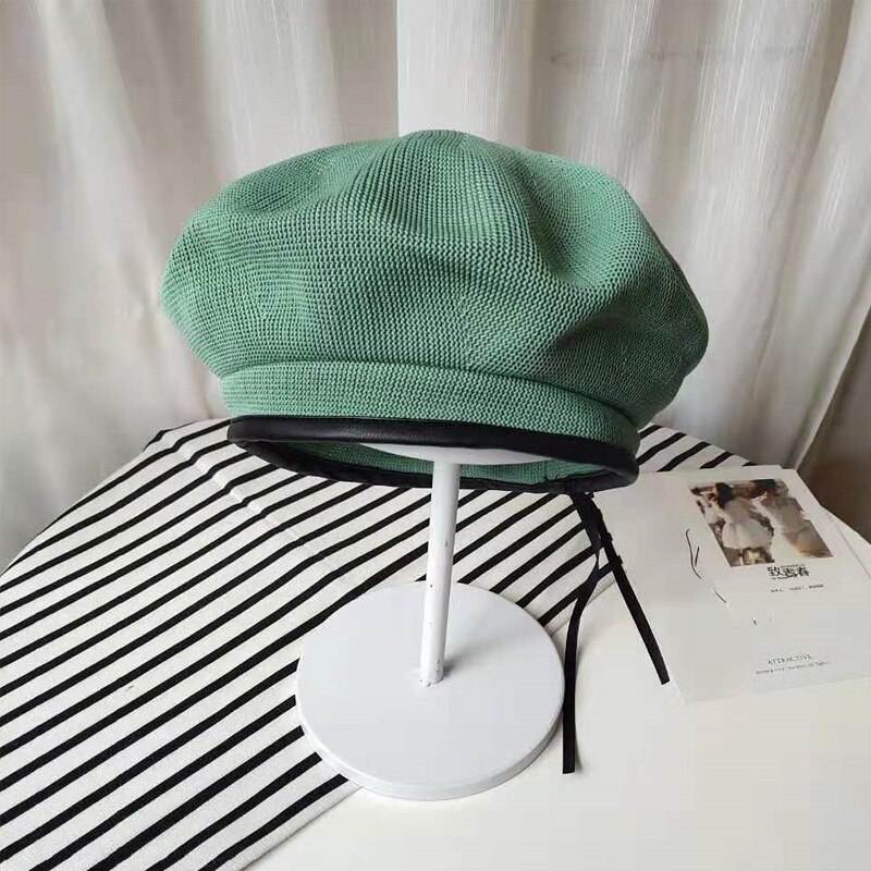 Pige grøn tynd strikket baretter hue kvinder solid justerbar fransk maler hat forår efterår damer kunstner hue kvinde kasket: Grøn