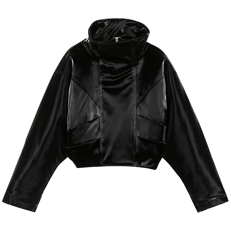 Lautaro-Chaqueta de charol con cremallera para mujer, chaqueta reflectante de manga larga, de piel sintética suave, talla grande: S
