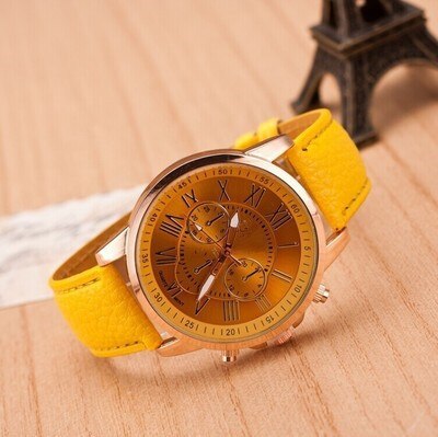 1PC Quartz Watch Leather Band Women Ladies Men Bracelet Wrist Watch Wristwatches Clock relogio feminino masculino: Yellow