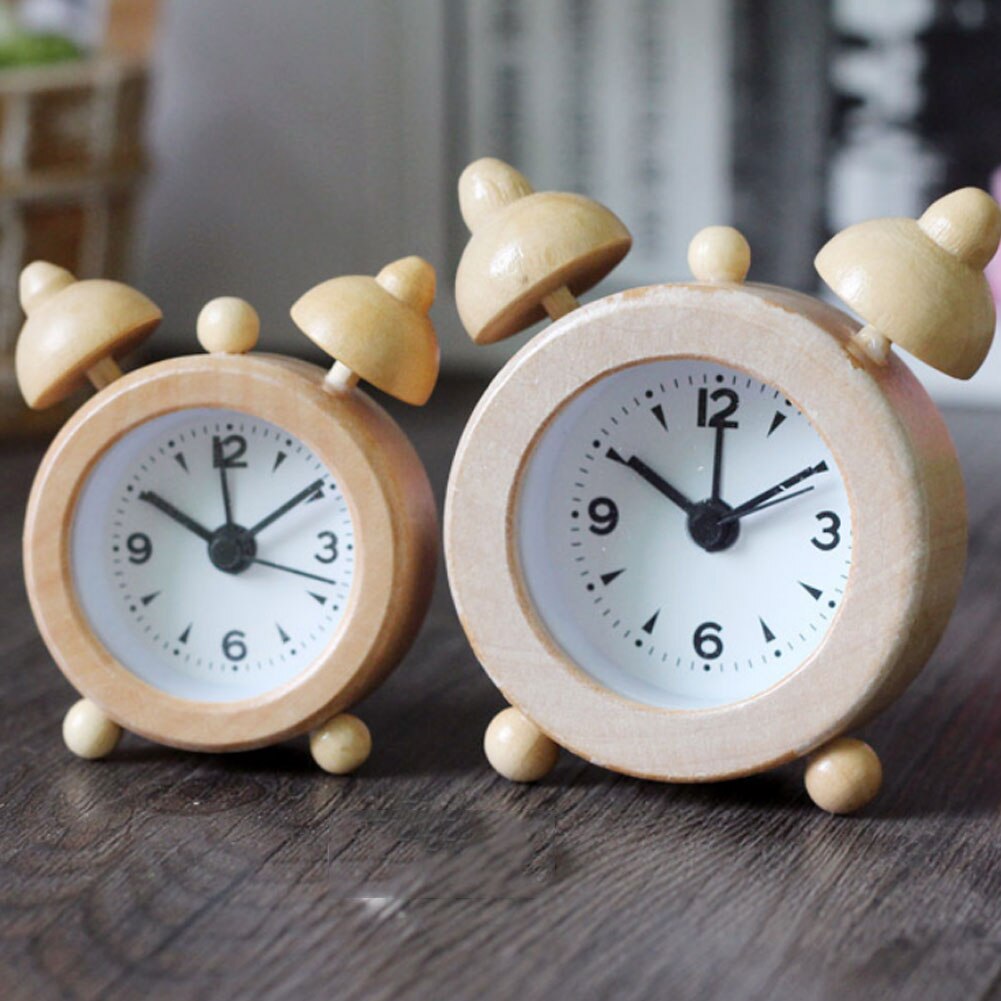 Wooden Log Twin Bell Round Alarm Clock Silence Travel Small Table Clocks Snooze Function Home Decor Ornaments