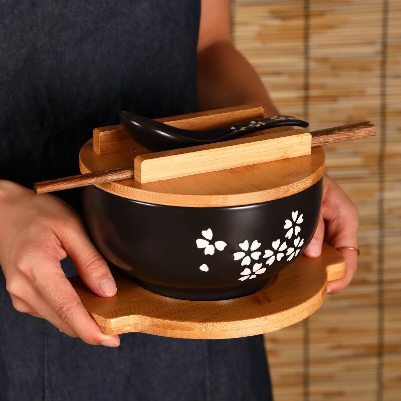 Japanse Kom Instant Noedels Servies Eetkamer Servies Salade Keramische Kom Brengen Houten Lepel Houten Eetstokje WF1013