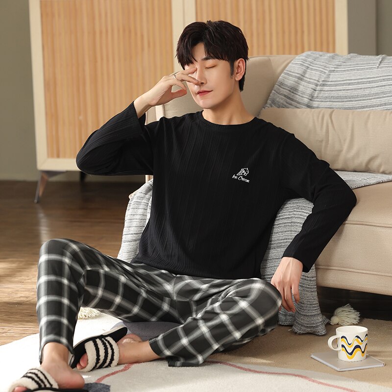 Spring Full Pure Cotton Men's Pajamas Sets Long Sleeve Tops Plaid Pants Pyjamas Male Casual Pijama Hombre Big Yards 4XL