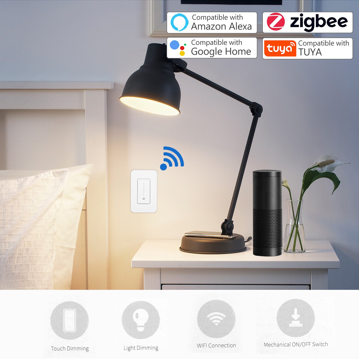 Tuya Wifi Dimmer Switch Remote Control Fan Speed Controller Dimmer Switch with Scene Timing Compatible with Alexa Google Home