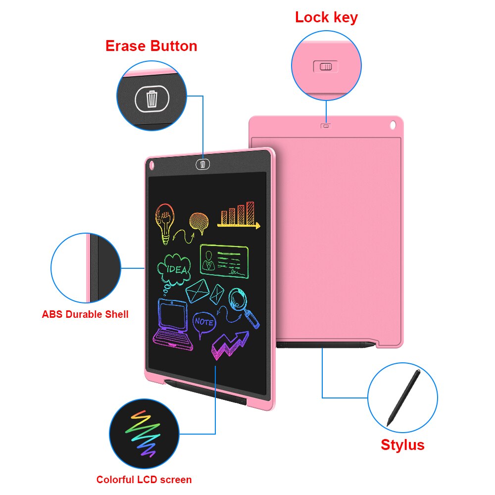 LCD Writing Tablet, 12 Inch Newest High-Tech Colour Screen Writing and Delete Function, Electronic Drawing Tablet, Reusable Pink