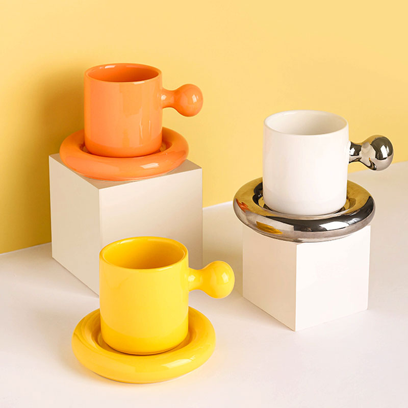 Taza con mango de bola redonda de 300ml, juego de platos, Taza de cerámica personalizada para café, té, platillo, cocina, oficina, decoración del hogar