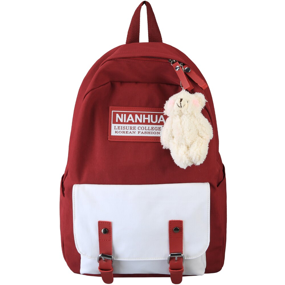 College Student Ladies Backpack Harajuku Women Female School Bag Cute Book Backpack Waterproof Nylon Girl Bag Kawaii: red / With Bear pendant