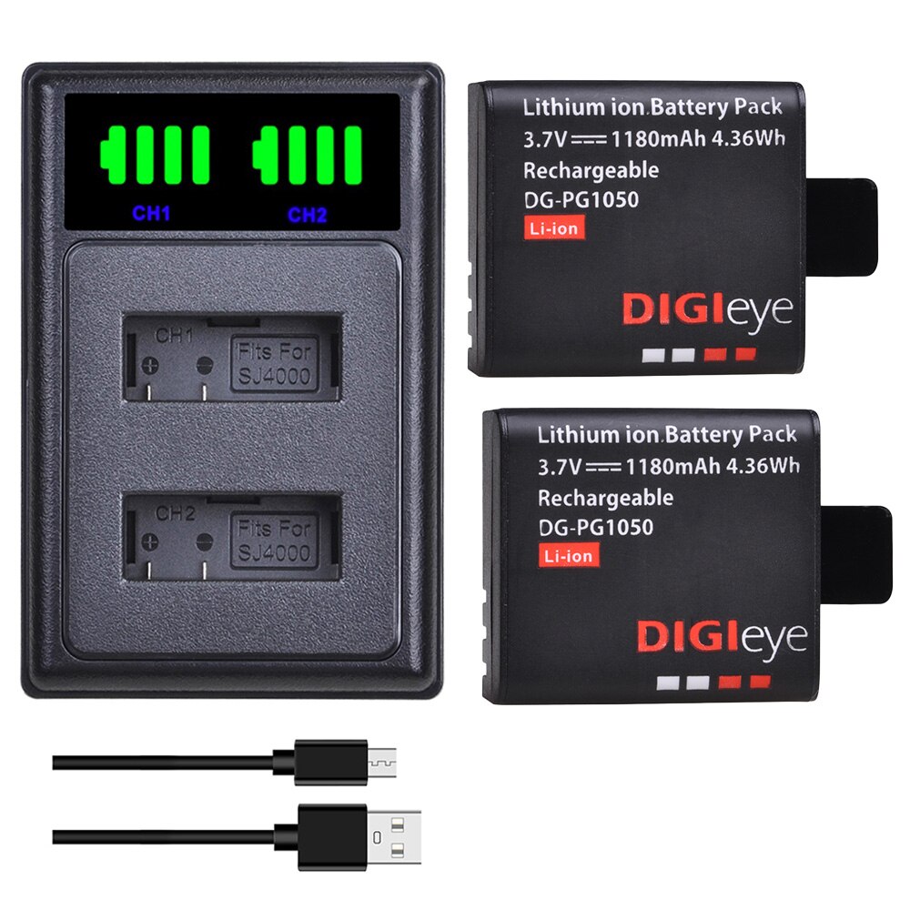 Batterie 1180mAh PG1050 + chargeur LED double USB, pour SJCAM SJ4000 SJ5000 SJ5000X pour EKEN H9 H9R H8R H8 GIT PG900 AKASO EK7000: 2 battery 1 charger