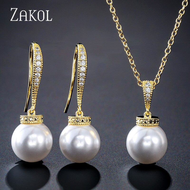 Zakol Romantische Zirconia Ronde Parels Haak Oorbellen Hanger Ketting Sieraden Set Voor Vrouwen Bridal Wedding SP3024: Gold Color