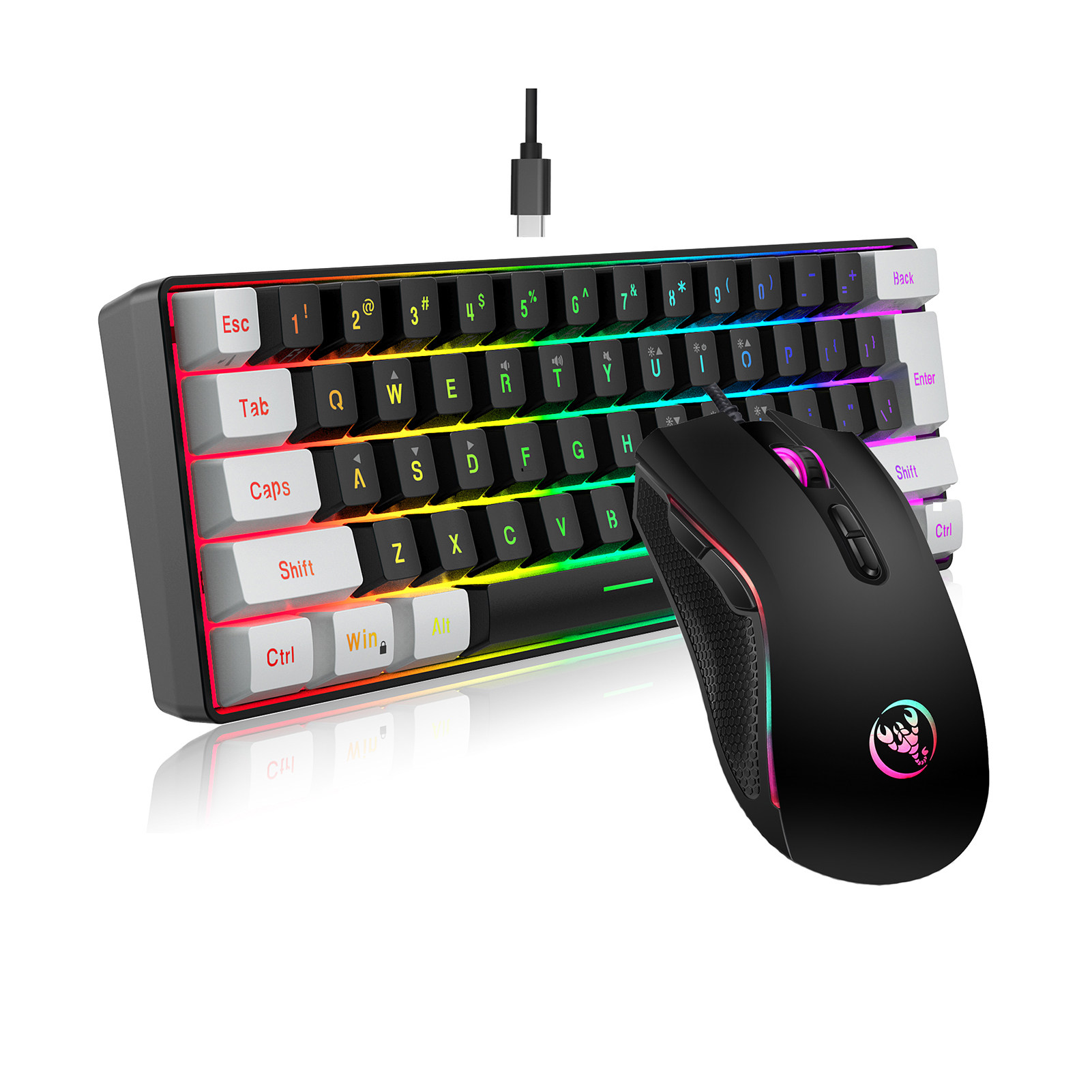 Usb computer keyboard and mouse set, , 61 keys, wired rgb backlighting + wired gaming mouse, colorful led lighting, , 4-- level movement speed