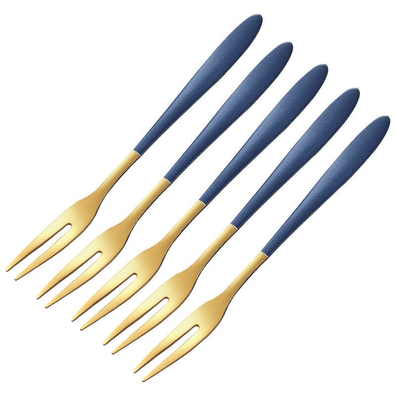 Fruit Fork Set Stainless Steel Fruit Fork INS Nordic Fruit Stick Fruit Plug Cute European Style Small Luxury: Royal Blue Golden Fruit Fork   Five Pack