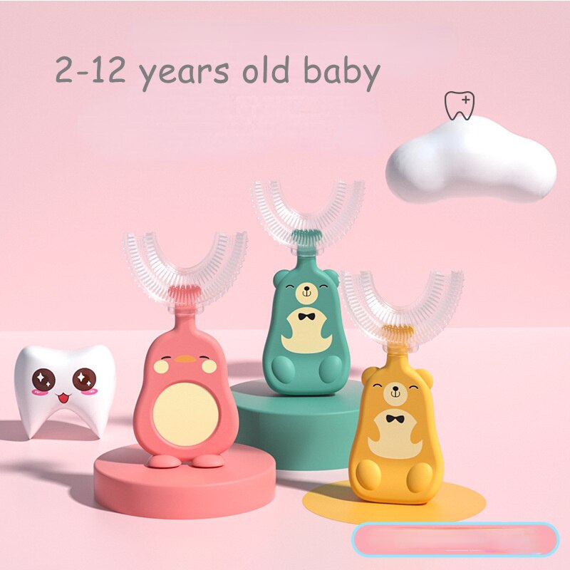 Leuke Cartoon Kids U-Vormige Tandenborstel Kind Siliconen Borstel Veiligheid Materiaal 360 Tandenborstel Floss Kinderen Tandenborstel U