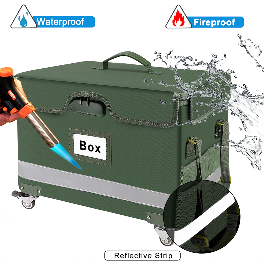 Fireproof File Box with Lock and Wheels - Waterproof File Safe, Foldable, Portable Office Home File Storage Box with Reflective