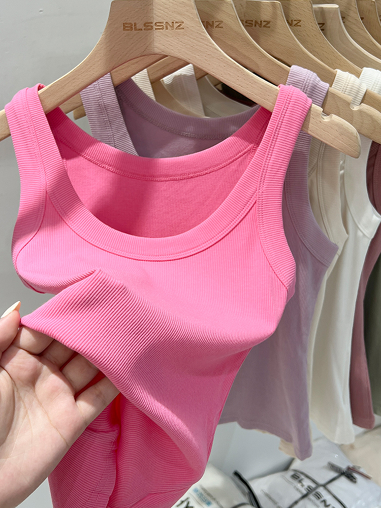zjaiss Women Solid Round Neck Ribbed Tank Top Camisole Women Summer Basic Elastic Tank Top O Neck Solid Tank Top: L / Rose Red