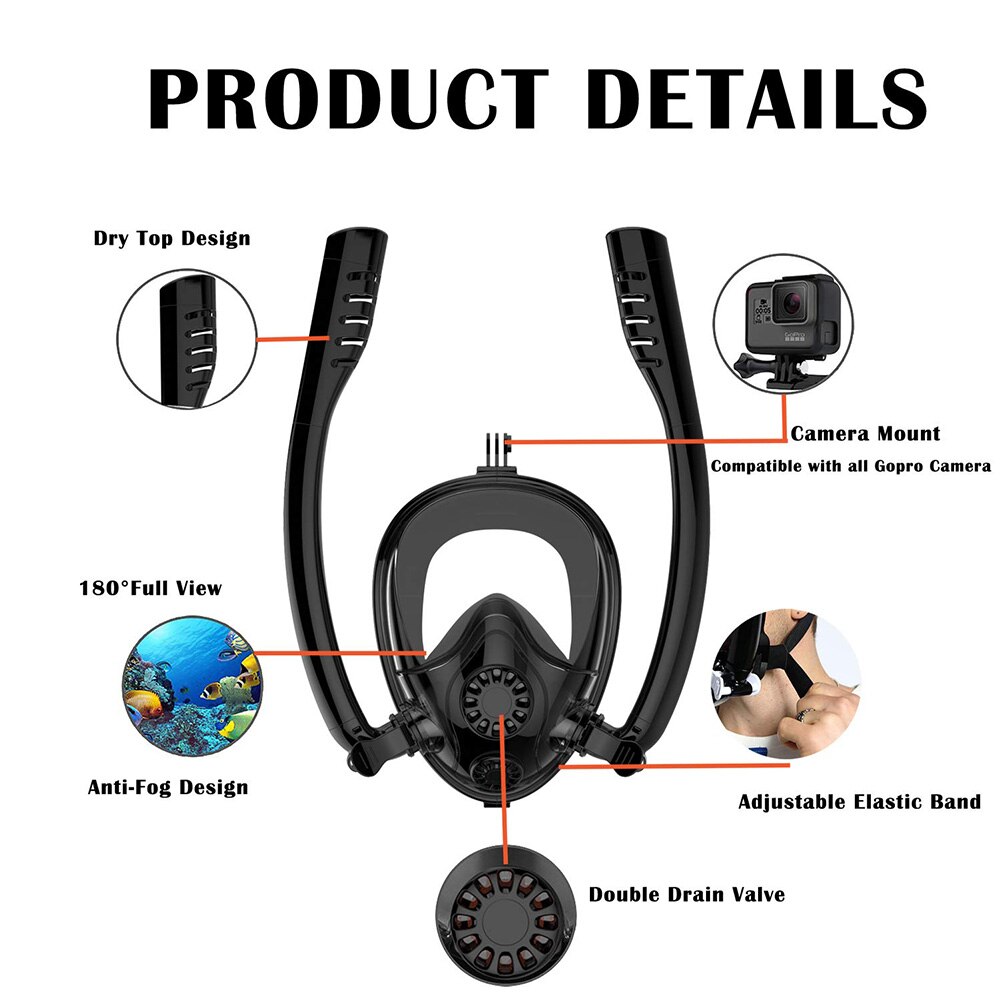 Full Face Snorkel Mask Swimming Water Sports Double Tubes Anti Fog Diving Mask 19ing